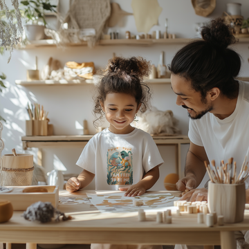 Child and parent creating DIY empathy wear in a Scandinavian-inspired craft room with natural light, light wood furniture, and a minimalist design.