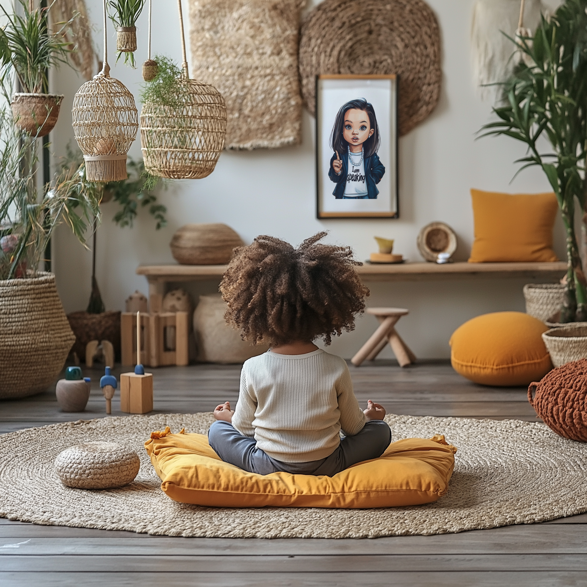 Child practicing deep breathing in a boho-chic playroom with woven rug, colorful cushions, and warm natural light.